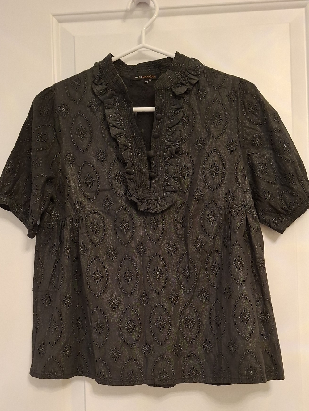 BCBGMAXAZRIA Paisley Eyelet Blouse in Black Metallic Shine ruffled neckline